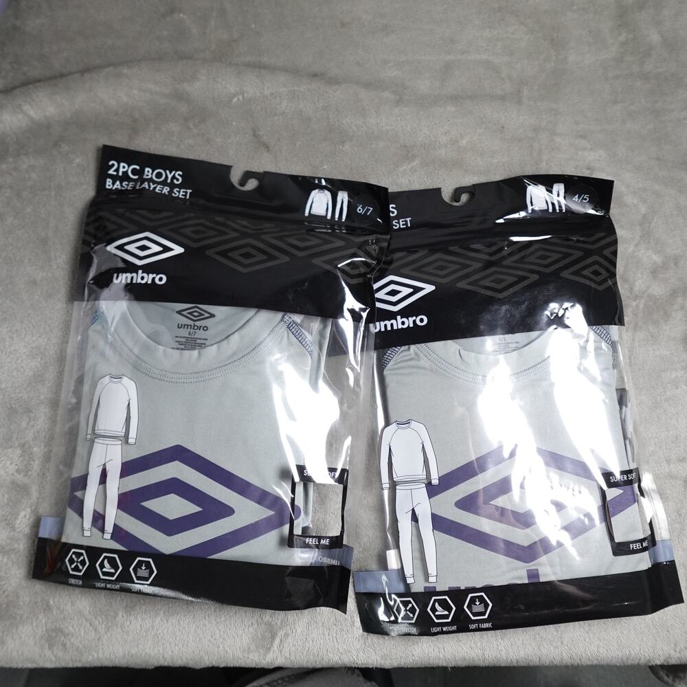 Lot of 2 Umbro Boys Size 6/7 New 2 Piece Base Layer Set w/ Gray Blue Logo